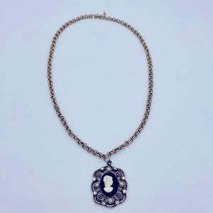 Vintage Antique Gold Tone With AB Rhinestones And Faux Pearls Cameo Necklace